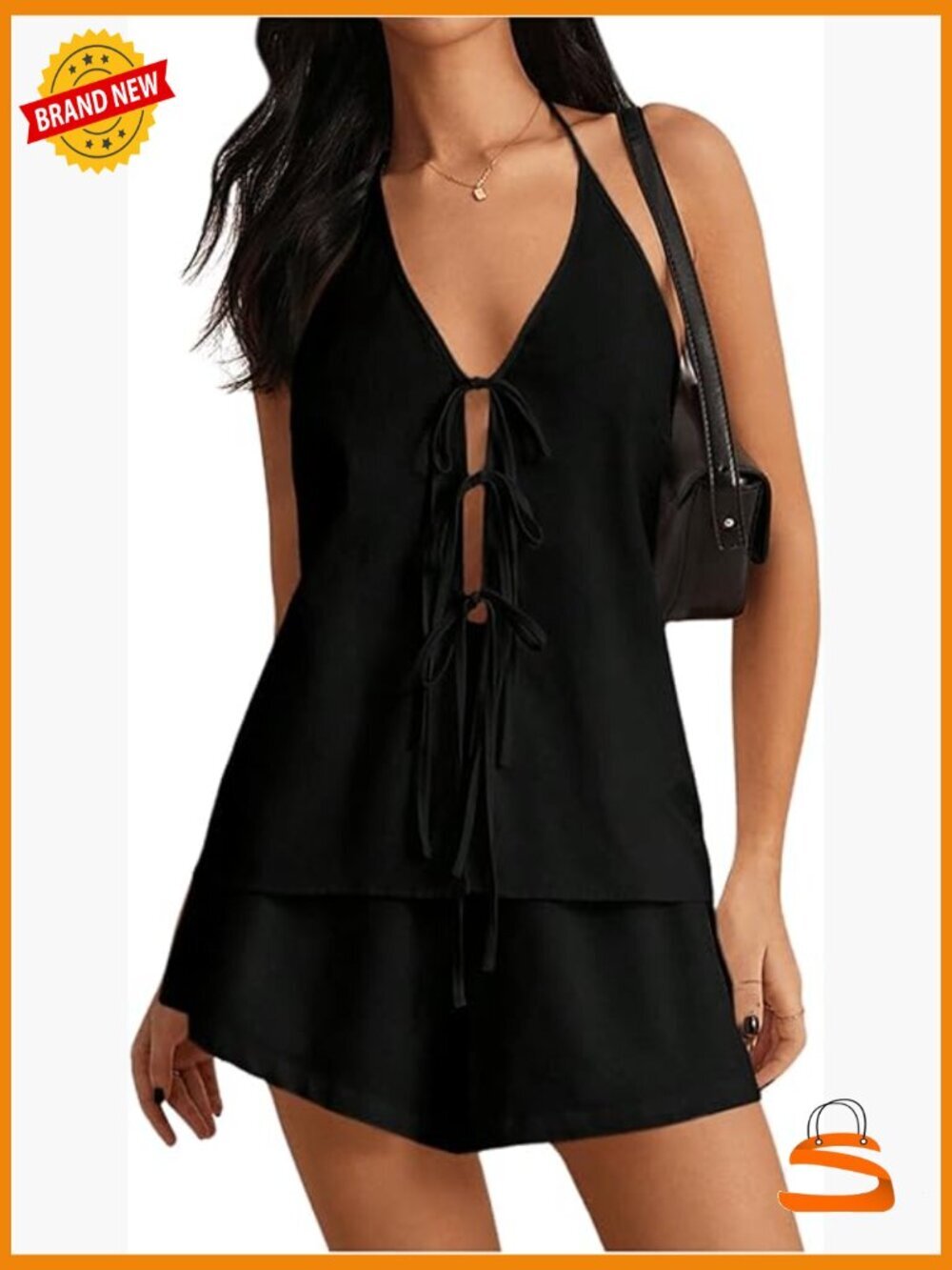 Women's Linen Short Set 2 Piece Y2K Outfit Backless Halter Top